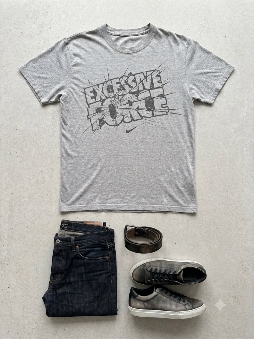Nike Light Gray Graphic Tee with Cracked 'EXCESSIVE FORCE' Print